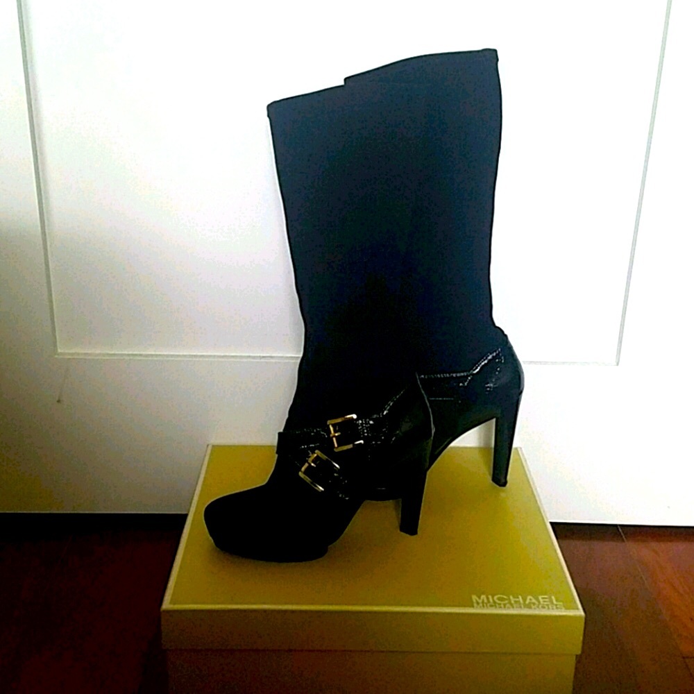 🎉HP🎉Vintage Michael Kors Black stretch mid-calf platform heel boots. Size 7.5. - Picture 1 of 5